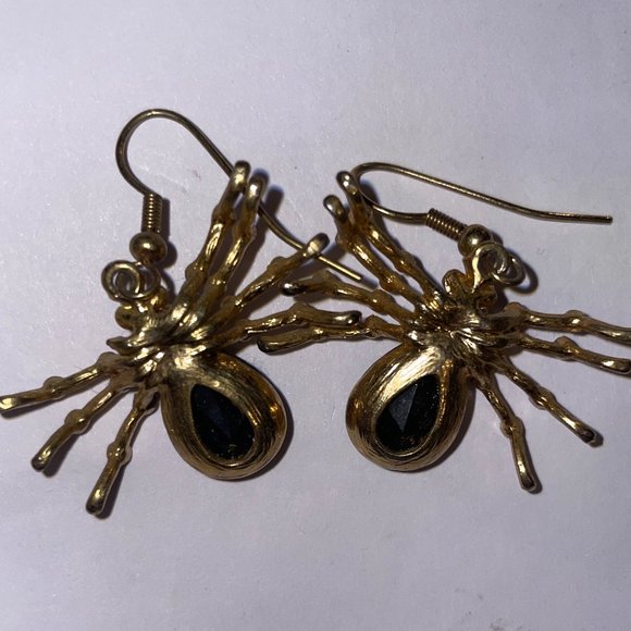 VTG Gold Diamond Spider Black Opal Drop Earrings - Picture 2 of 3